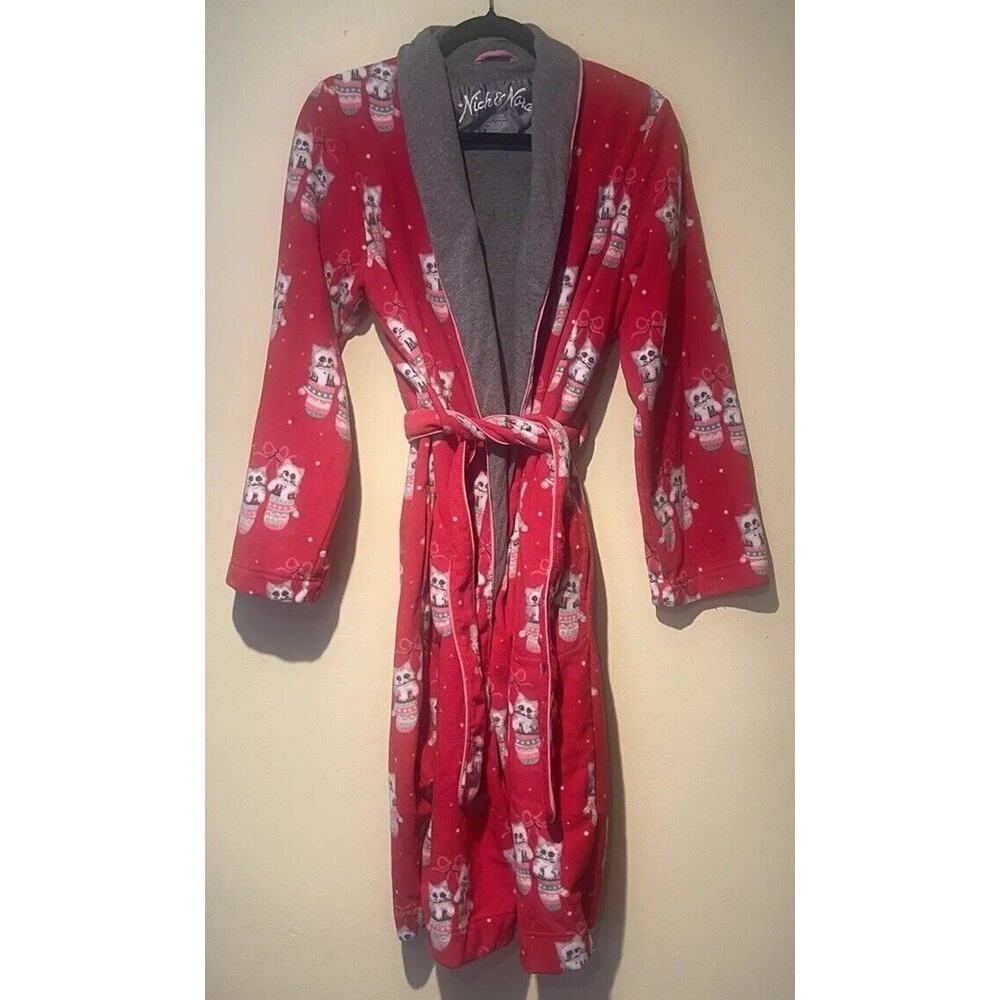 Nick & Nora‎ Red Lined Fleece Wrap Tie Knee length Robe KITTENS in MITTENS XS/S